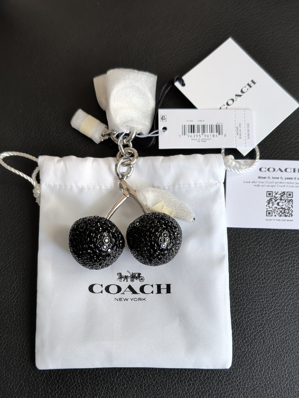Coach Large Black Crystal Cherry Bag Charm NWT